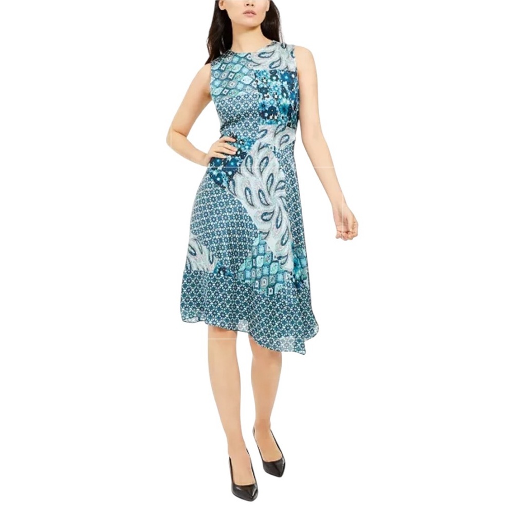 Elie Tahari Silk Azure Dress Mixed Floral Print Asymmetric Hem Bias Cut Size 12